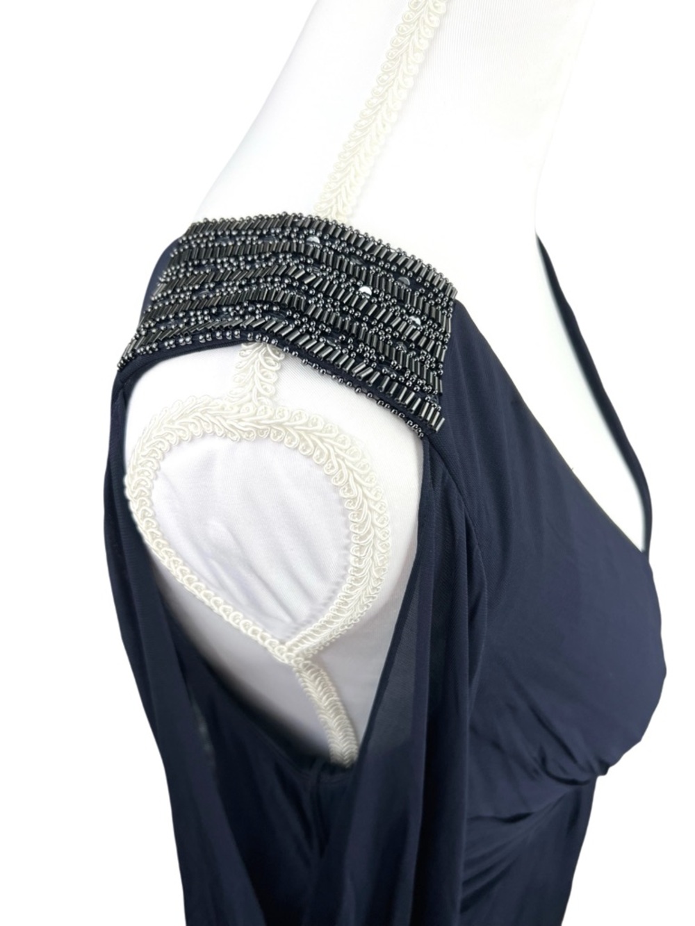 Aidan Mattox Navy Beaded Shoulder Long Sleeve Gown Mother of Bride Size 12 - Picture 4 of 10